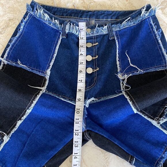 Shein Patchwork Distressed Black & Blue Denim High Waist Button Fly Flare Jeans - Picture 13 of 16